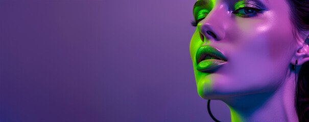 Woman with neon green makeup in purple light. Banner with copy space