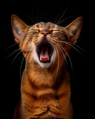 Yawning Abyssinian cat on black background