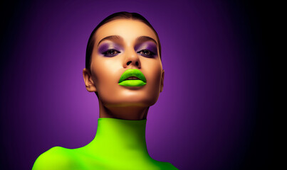 Woman with vibrant makeup in neon green and purple. Concept of fashion and beauty editorials, makeup artistry, creative portraiture. Purple background with copy space