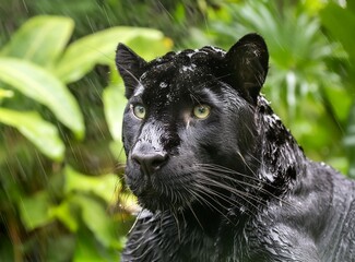 Black panther under the rain in the jungle