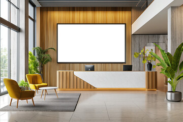 hotel lobby with reception area, wooden interior accents, yellow chairs, and a large blank screen with 16:9 aspect ratio and copy space 