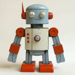 Wooden red and gray toy robot on white background with retro design and vintage colors