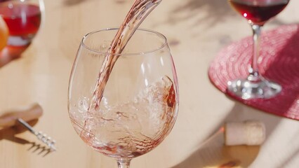 Pouring pink wine into the glass. Dining table in the background. 