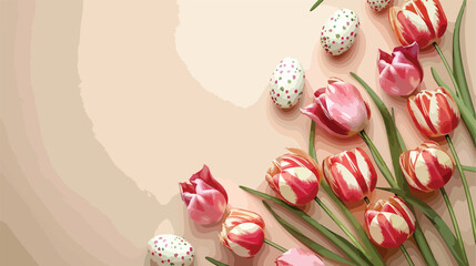 Beautiful tulip flowers and painted Easter eggs on
