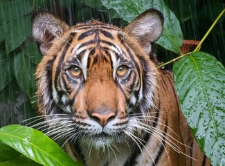 Tiger under the rain in the jungle