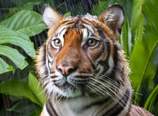 Tiger under the rain in the jungle