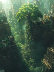 Design a 3D-rendered landscape showcasing a desolate cityscape reclaimed by nature, where tendrils of light weave through remnants of a bygone era, creating a haunting juxtaposition of decay and rever