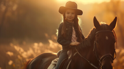 Dziewczynka w kapeluszu jadąca na koniu podczas zachodu słońca - obrazy, fototapety, plakaty