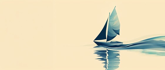 A minimalist representation of a sailboat's silhouette gliding over calm waters in muted .