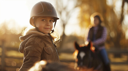 Dziewczynka ucząca się jazdy na koniu wraz z nauczycielem w tle - obrazy, fototapety, plakaty