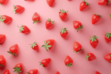 Fresh ripe strawberries on a vibrant pink background, arranged in a top view flat lay style with copy space