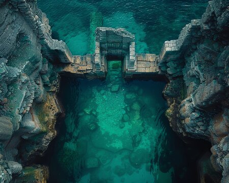 Visualize the tranquility of a sunken city intertwined with loves whispers in intricate blue-green tapestries Craft a mesmerizing fusion of underwater serenity and romantic narratives through drone ph