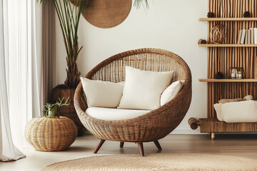 Fototapeta premium Comfortable wicker armchair with pillows in living room interior