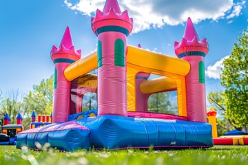 A simple but cute colorful castle bounce house. The inflated bounce house with pops of color sits...