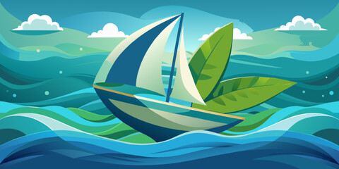 vector graphic depicts a sailing ship with leaf sails on ocean waves, a creative blend of nature and adventure.