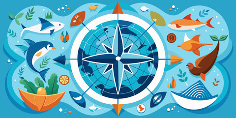 Vector Compass with Marine Life, on blue background, World Oceans Day concept 