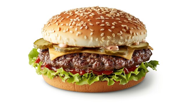 A close-up image of a hamburger with a sesame bun, cheese, lettuce, tomato, and pickles on a white background.