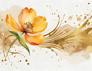 Abstract art watercolor gentle flower and gold splash for nature banner background. Watercolor art design suitable for use as header, web, wall decoration.