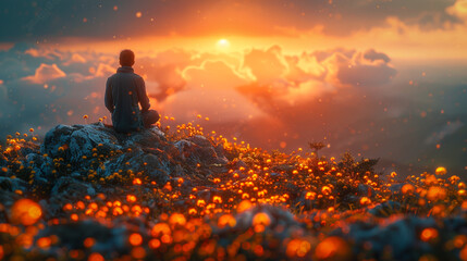 A man meditates in the mountains at sunset