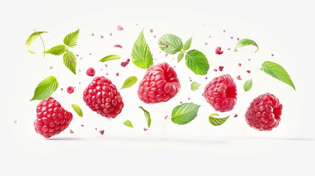 Vivid image displaying several ripe raspberries and green leaves, scattered artistically on a white background.