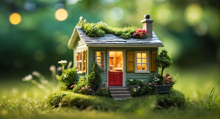 Tiny eco friendly miniature country house with green grass on natural green background. Cozy cottage home, 3d	
