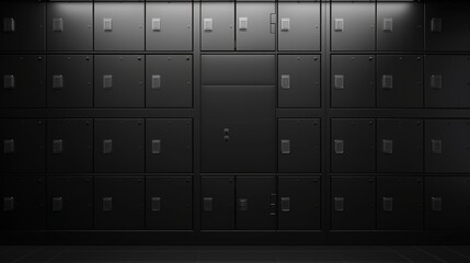 Dark-hued wall of metal lockers with secure handles in a symmetric pattern.