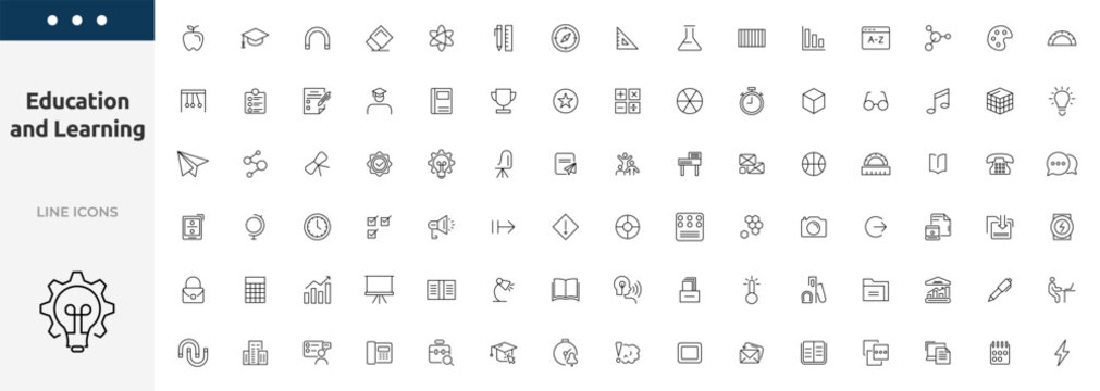 Education and Learning icon set. Education, School, Learning, success, academic outline icon collection. UI flat icons collection. Thin outline icons pack