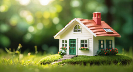 Tiny eco friendly miniature country house with green grass on natural green background. Cozy cottage home, 3d
