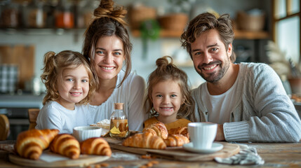A happy family sitting together at the breakfast table and eating fresh croissants.