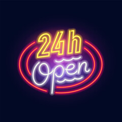 Fashion inscription 24 hours open neon sign. Night bright signboard, Glowing light. Summer logo, emblem for Club or bar concept