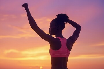 African American Woman Silhouette Raising Arms at Sunset Purple Sky Background. Confident Female Wearing a Sportswear. She is Standing in Winner Pose with Raised Hands. Leader Celebrating Success