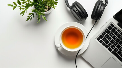 Laptop with headphones and a cup of tea on a white background. Top view