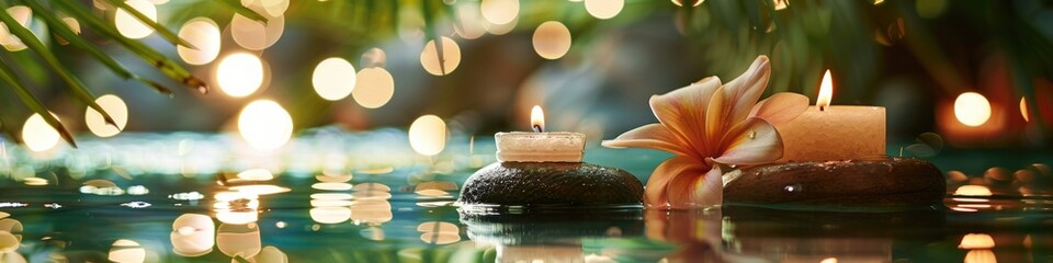 Tranquil Spa Day Setup with Candles, Towels, and Stones by the Pool