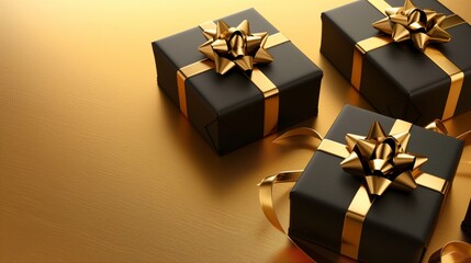 Elegant black gift boxes with golden ribbons on a textured golden background.
