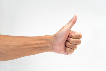 Man hand thumb up on white background