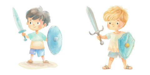 kid holding sword and shield watercolor vector illustration