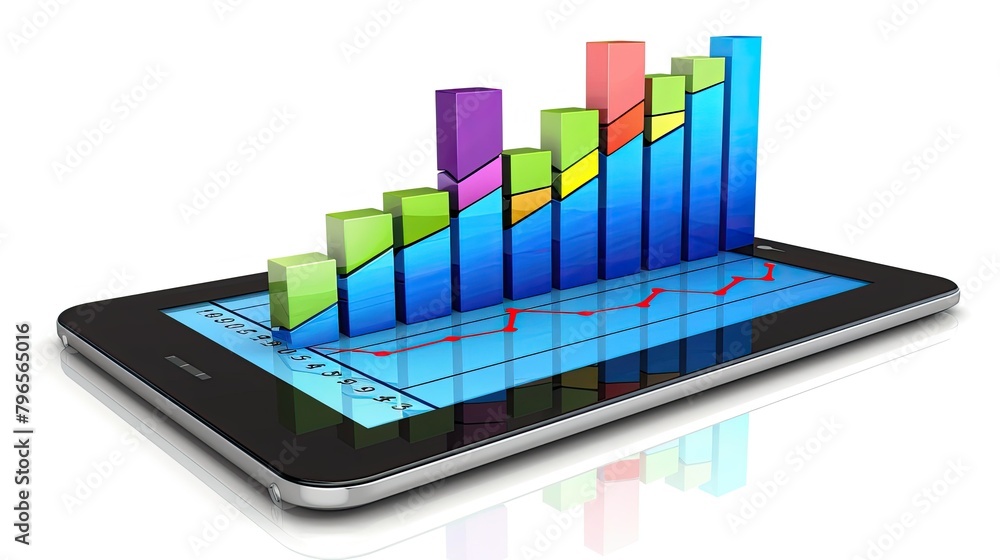 Poster a tablet screen shows a graph with colorful bars and a white background