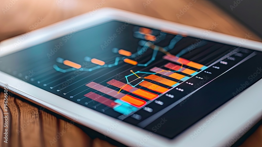 Poster a tablet displays a graph with a red line that is below the other lines