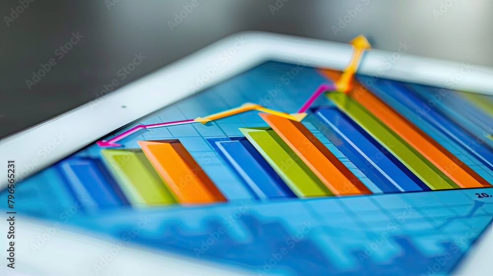 Poster a tablet with a graph on it showing a downward trend
