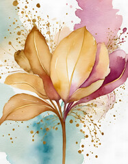 Abstract art watercolor gentle flower and gold splash for nature banner background. Watercolor art design suitable for use as header, web, wall decoration.