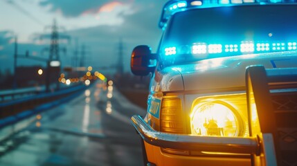 Close-up of a police car with blue and yellow flashing lights on a rainy evening.