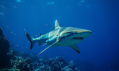 sharks gliding through deep blue waters