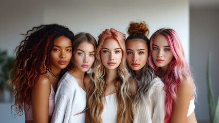 a group of five young diverse women showing a blend of styles and ages, with each wearing different, sophisticated outfits 