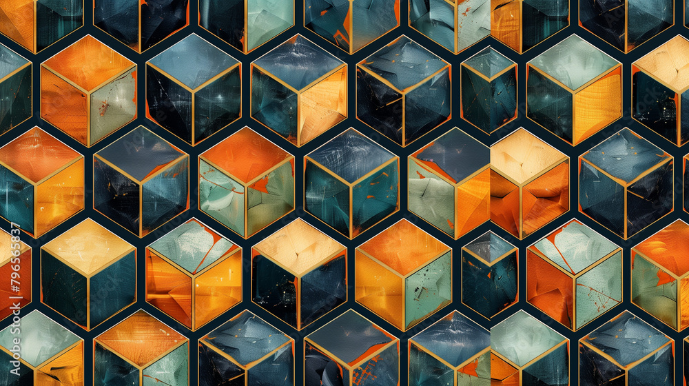 Fototapete Abstract blue background with a seamless pattern of 3D cubes,Colorful Geometric Triangle Mosaic Texture Art