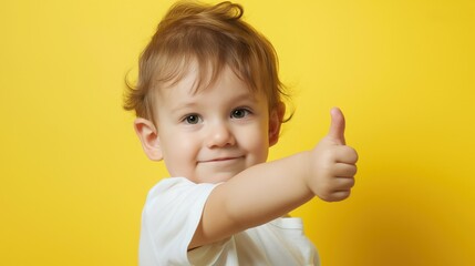 A toddler giving a thumbs up on yellow background. Toddler caucasian boy in a yellow t-shirt giving thumbs up on a yellow background.