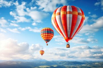 Fototapeta premium Hot air balloons flying high in blue sky. Background with selective focus and copy space