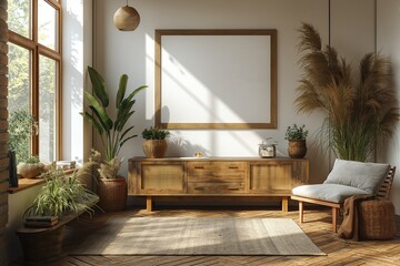 Photo d'int&eacute;rieur, style boh&egrave;me, buffet, cadre photo contemporain accroch&eacute; au mur. Interior photo, bohemian style, sideboard, comntemporary picture frame hanging on the wall.