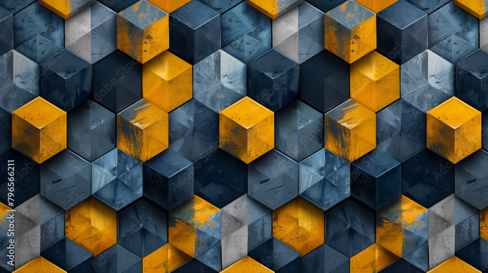 Fototapete abstract blue background with a seamless pattern of 3d cubes,colorful geometric triangle mosaic text