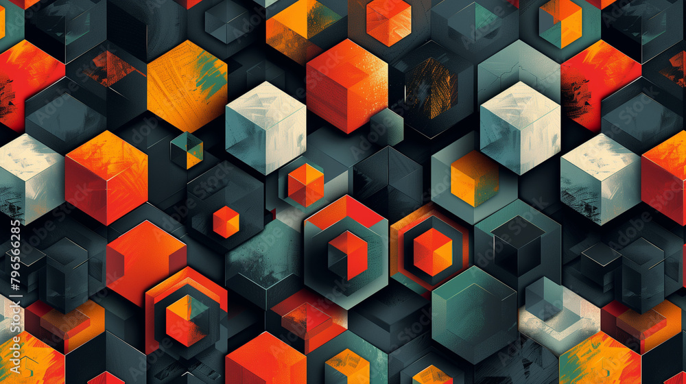 Fototapete abstract blue background with a seamless pattern of 3d cubes,colorful geometric triangle mosaic text
