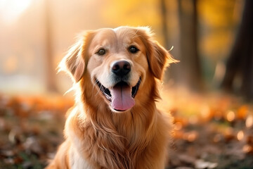 Cute golden retriever dog in autumn park. Pet care concept